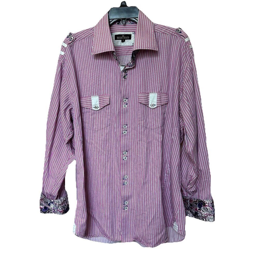 Bertigo Shirt Men’s 2X 6 Button Down Long Sleeve Striped Contrast Paisley Preppy